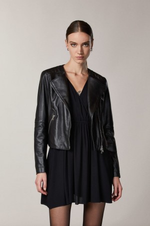 Black Patrizia Pepe Leather Biker Jacket With Top-stitching | NSPYJLB-81