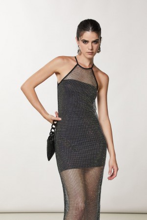 Black Patrizia Pepe Sleeveless Rhinestone Mesh Dress | AVSMUDI-75