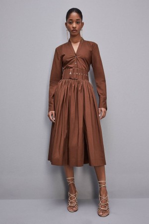 Brown Patrizia Pepe Midi Flared Skirt With Belt | KQMCALU-51