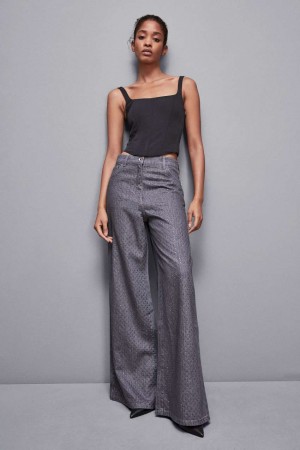 Grey Patrizia Pepe Gray Wide Leg Low-waisted Jeans With Rhinestones | KGVJARO-38