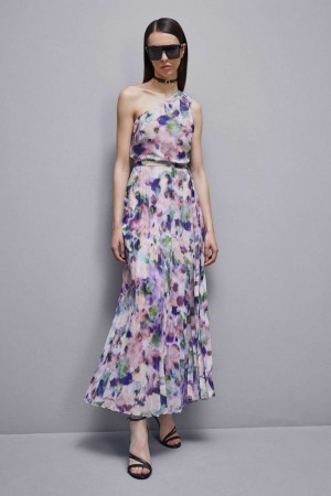 Multicolor Patrizia Pepe One-shoulder Pleated Chiffon Dress | HLGROXU-91