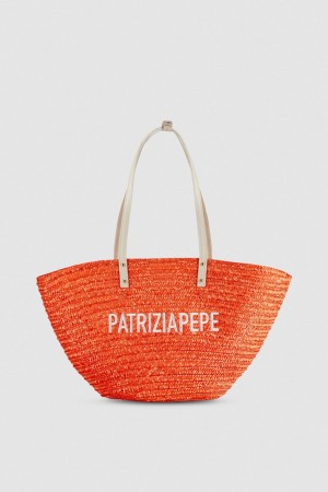 Orange Patrizia Pepe Wide Braided Straw Shopping Bag | FGRBAEX-37