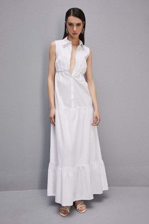 White Patrizia Pepe Cotton Chemisier Long Dress | JYBNKQW-24