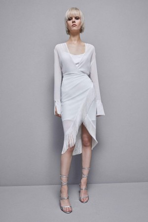 White Patrizia Pepe Satin And Georgette Dress With Fringes | BRAQEMK-25