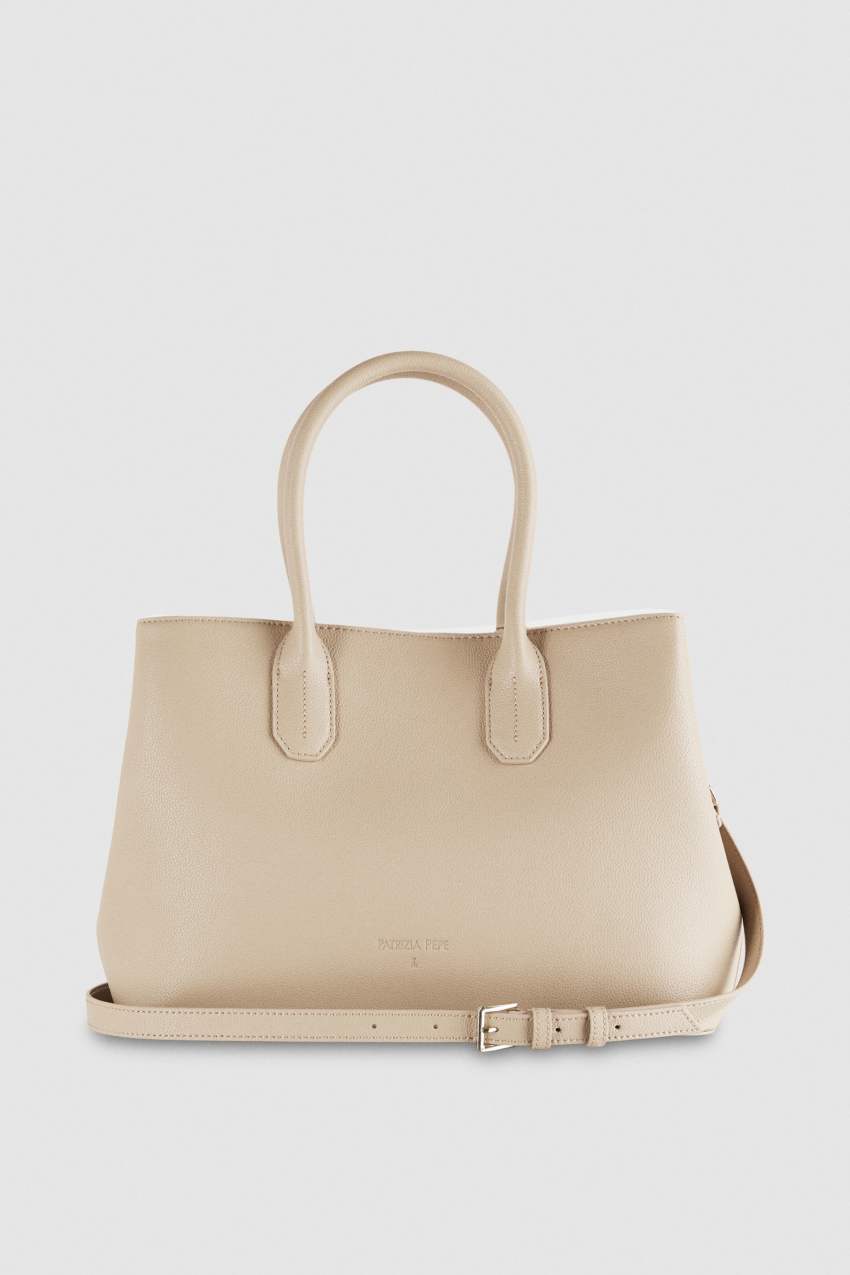 Beige Patrizia Pepe Fly Leather Shopping Bag With Shoulder Strap | OERUIAF-69