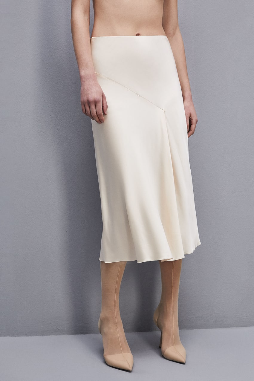 Beige Patrizia Pepe Viscose Satin Midi Skirt | OXEWVLS-10