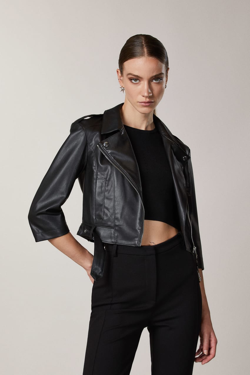 Black Patrizia Pepe Coated Fabric Biker Jacket | IZDSRHE-93