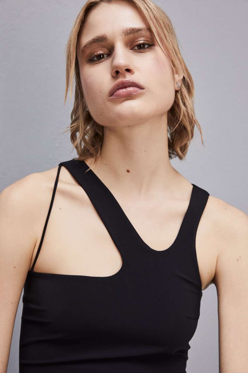 Black Patrizia Pepe Essential Asymmetrical Neckline Jersey Top | IOQFGDA-16