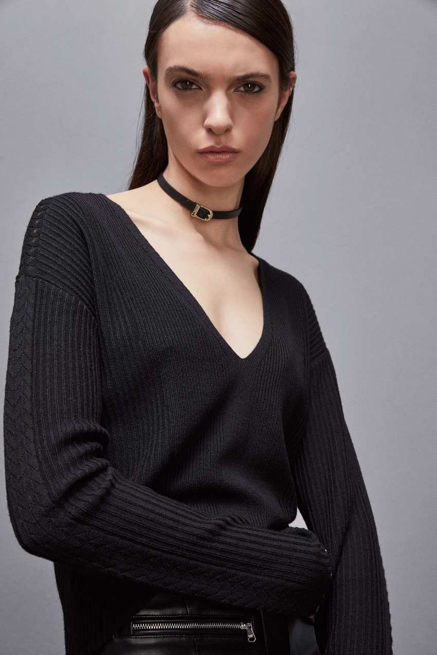 Black Patrizia Pepe Essential Wool Ribbed Sweater | LVRYIOA-80