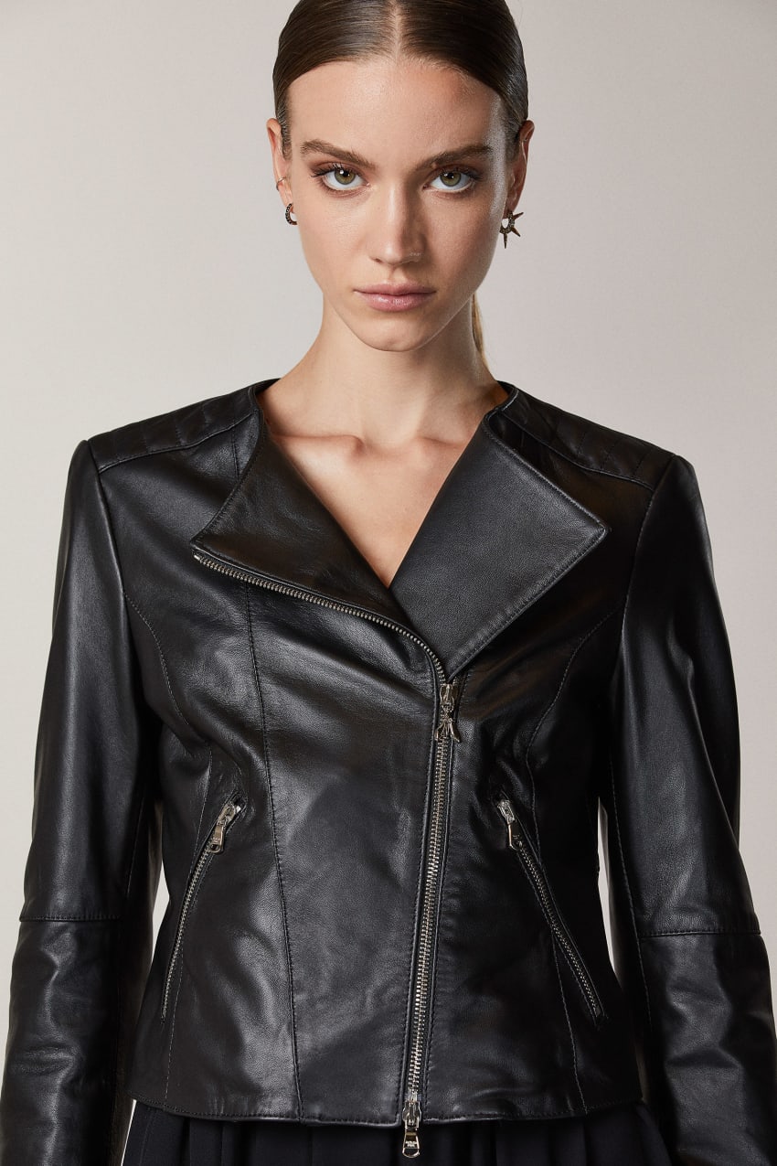 Black Patrizia Pepe Leather Biker Jacket With Top-stitching | NSPYJLB-81