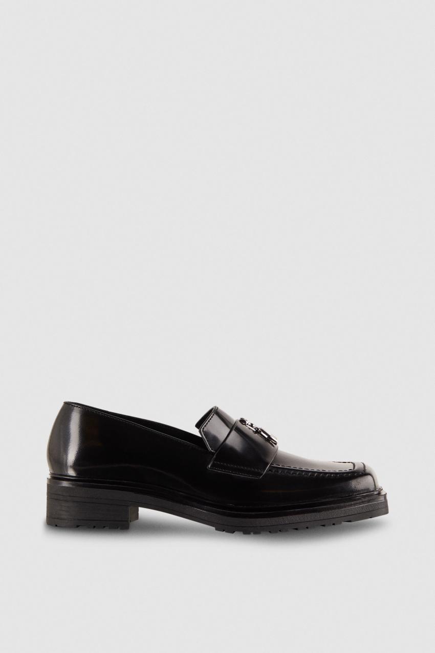 Black Patrizia Pepe Leather Square Toe Moccasins | BOLCPDV-73