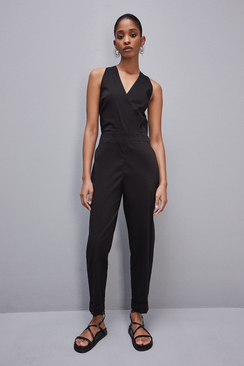 Black Patrizia Pepe Long Jumpsuit In Stretch Cotton-blend Poplin | FTMDWGV-82