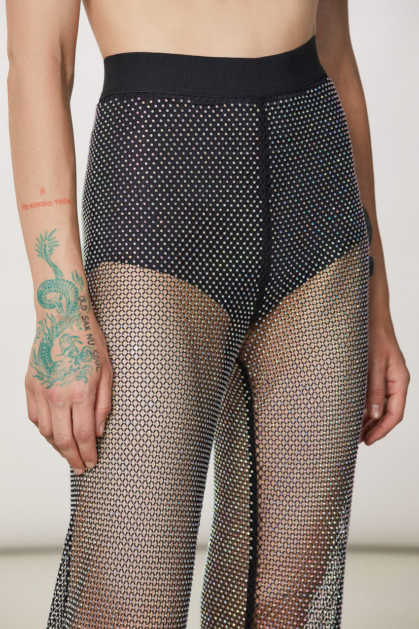 Black Patrizia Pepe Mesh Pants With Rhinestones | JBKDLYS-05