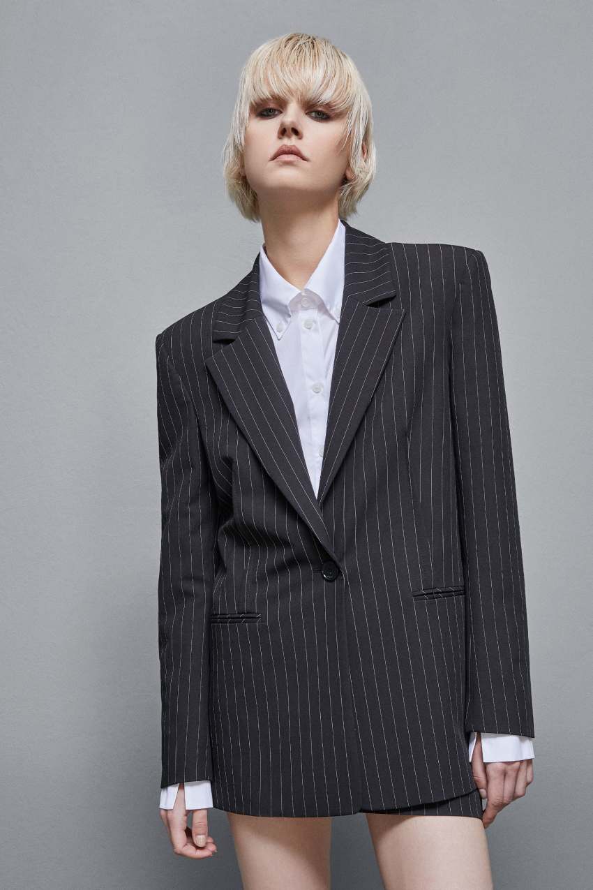 Black Patrizia Pepe Pinstriped One-button Flannel Blazer | PSVROQL-36