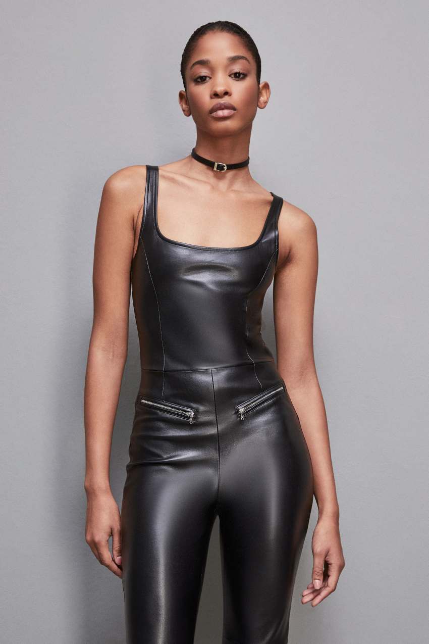 Black Patrizia Pepe Sleeveless Faux Leather Jumpsuit | ZGTXBJY-96