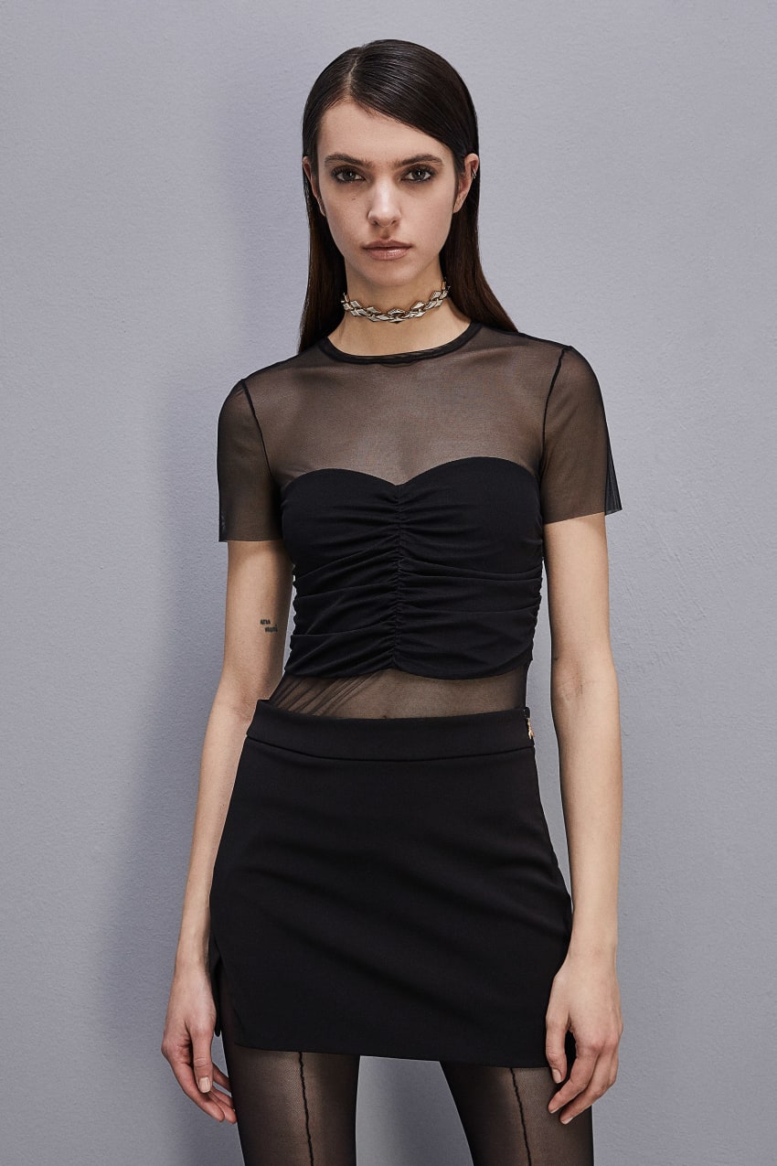 Black Patrizia Pepe Slim T-shirt In Stretch Tulle | XACPVUN-30