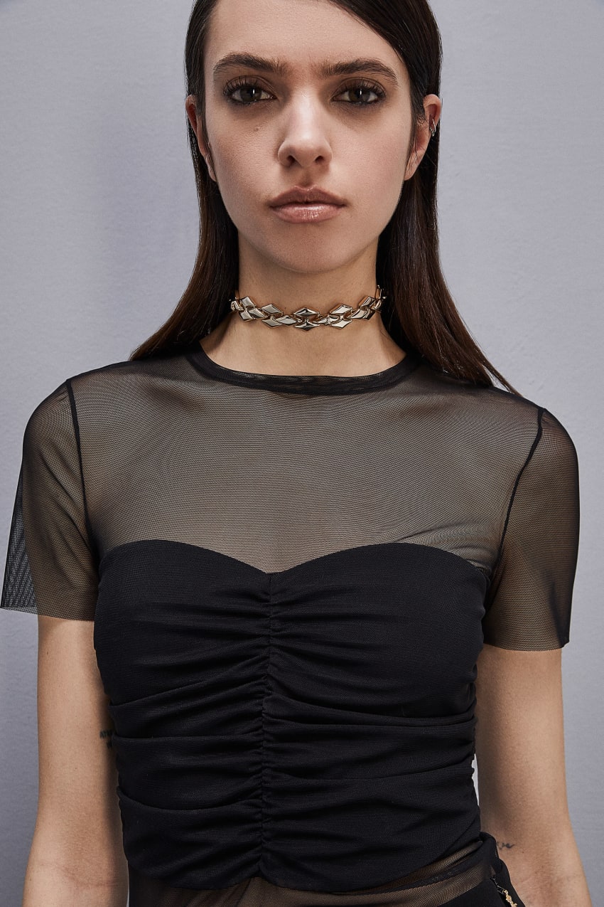 Black Patrizia Pepe Slim T-shirt In Stretch Tulle | XACPVUN-30