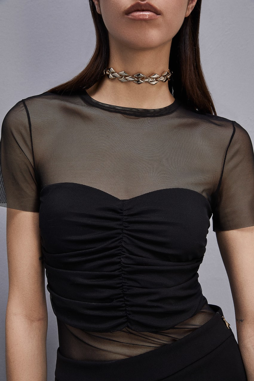 Black Patrizia Pepe Slim T-shirt In Stretch Tulle | XACPVUN-30