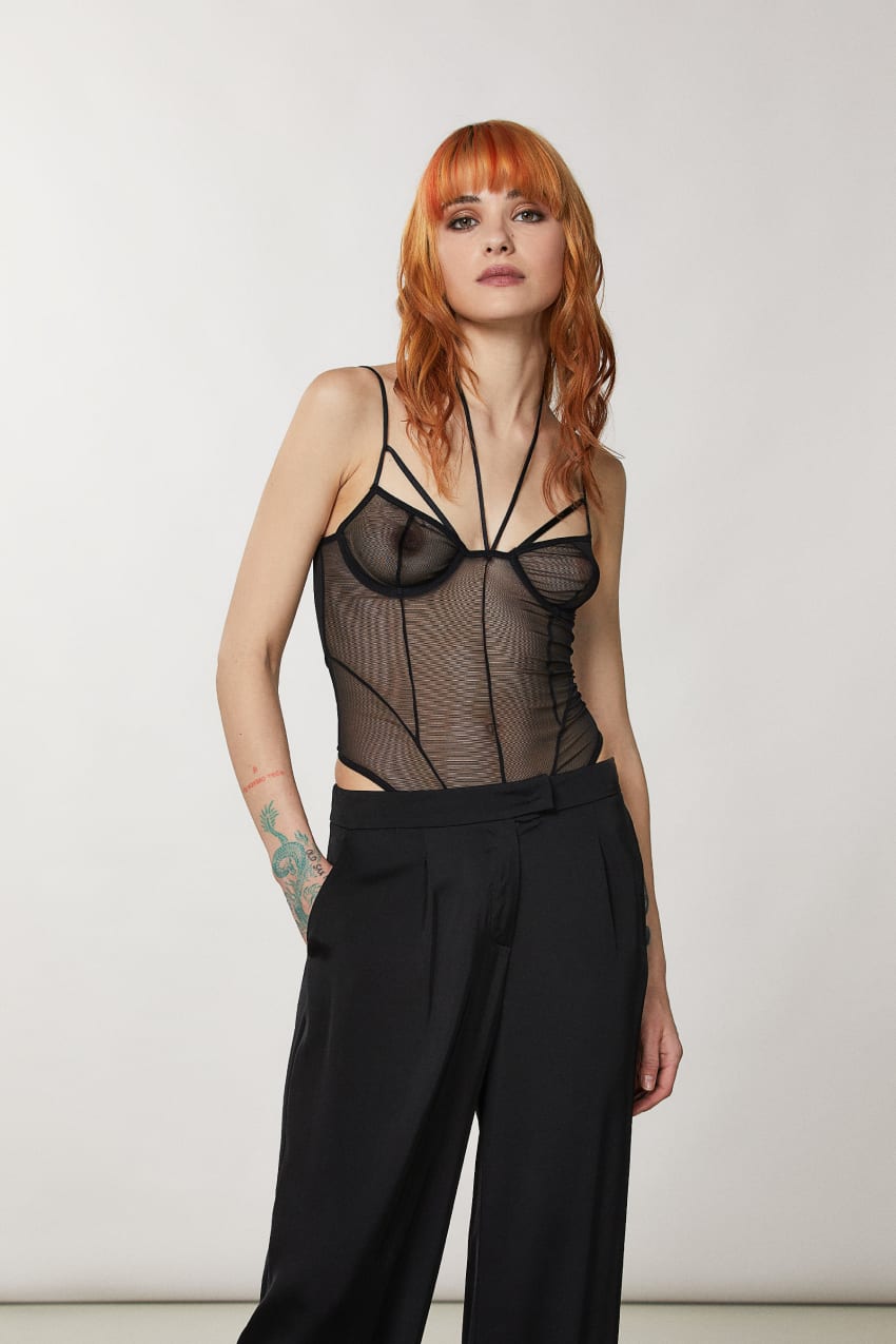 Black Patrizia Pepe Tulle Bodysuit | AKHDQLV-93