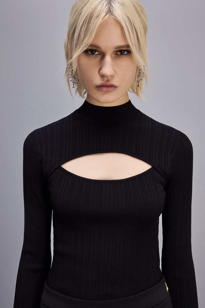 Black Patrizia Pepe Viscose Ribbed Knit Sweater | JIUOGAD-17