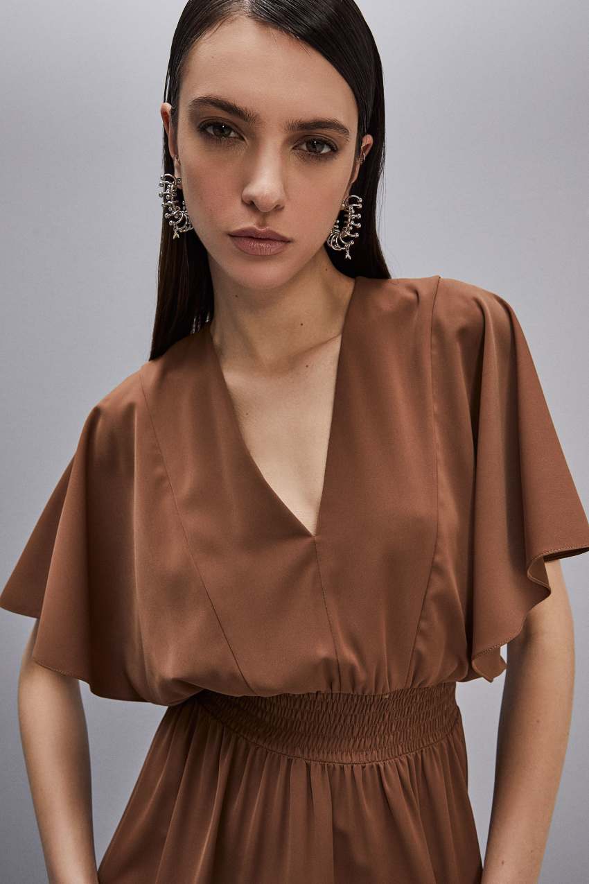 Brown Patrizia Pepe Satin Dress With Smock Stitching | OHVLCQK-37