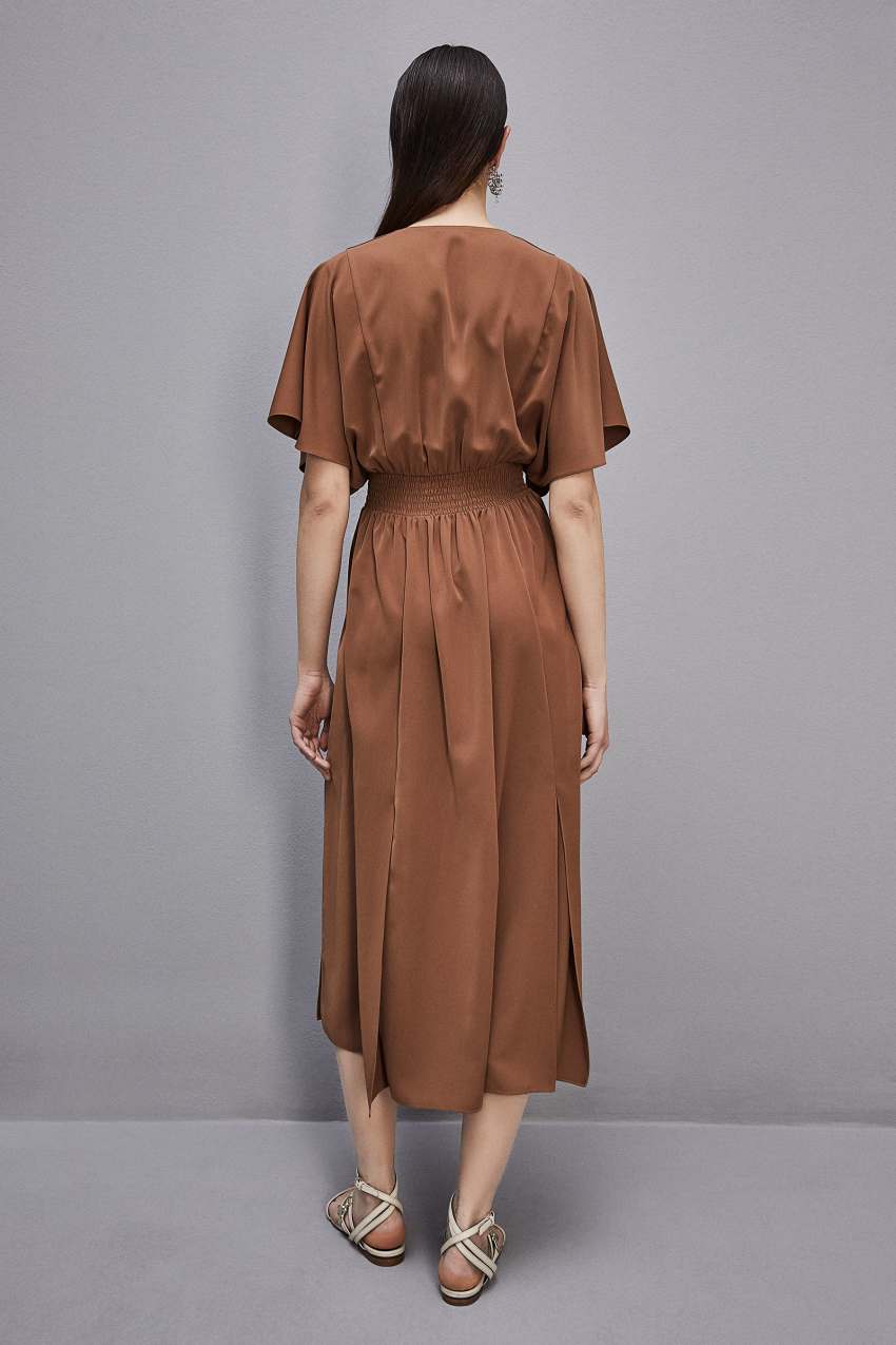 Brown Patrizia Pepe Satin Dress With Smock Stitching | OHVLCQK-37