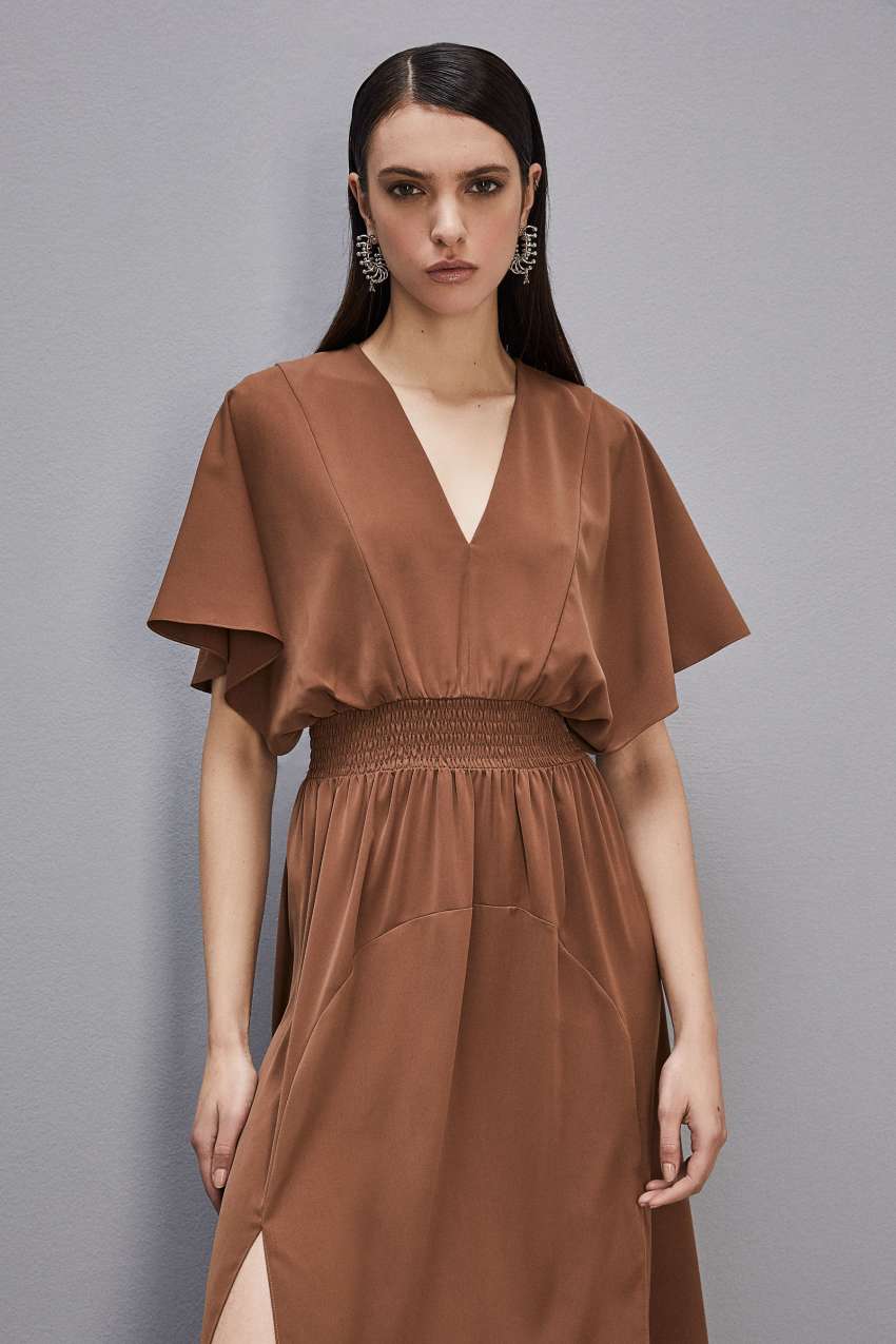 Brown Patrizia Pepe Satin Dress With Smock Stitching | OHVLCQK-37