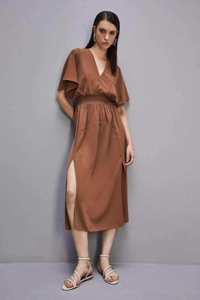 Brown Patrizia Pepe Satin Dress With Smock Stitching | OHVLCQK-37