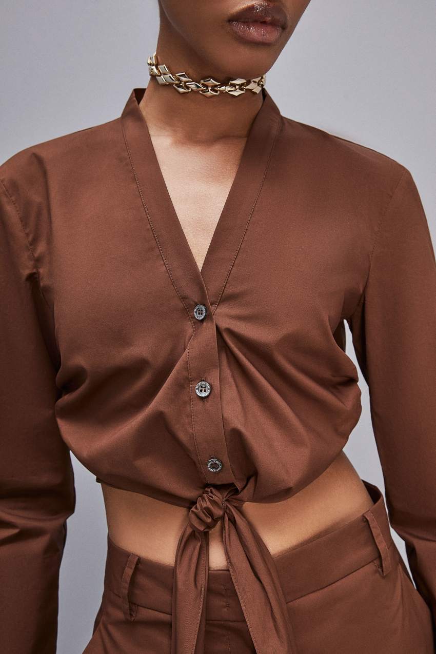 Brown Patrizia Pepe V-neck Shirt With Knot | XMEHGTZ-49