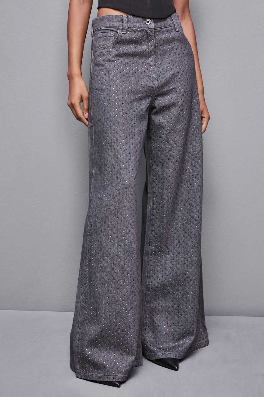 Grey Patrizia Pepe Gray Wide Leg Low-waisted Jeans With Rhinestones | KGVJARO-38