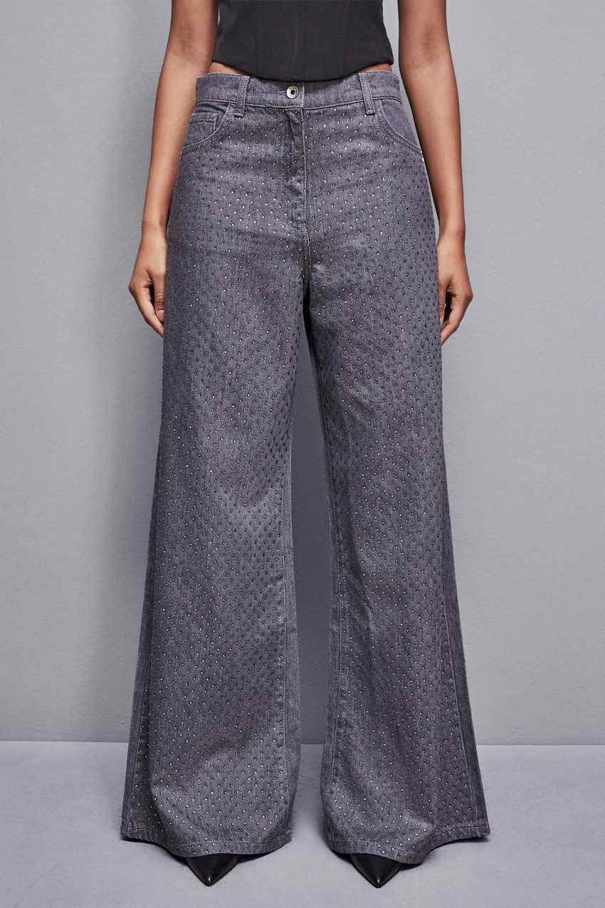 Grey Patrizia Pepe Gray Wide Leg Low-waisted Jeans With Rhinestones | KGVJARO-38