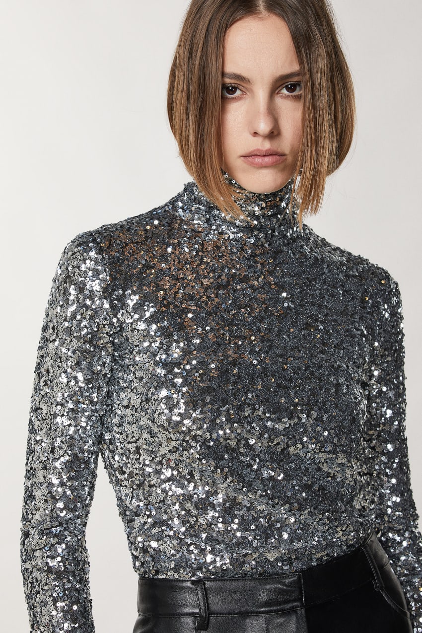 Grey Patrizia Pepe High Neck T-shirt With Sequins | EIRQGCT-37