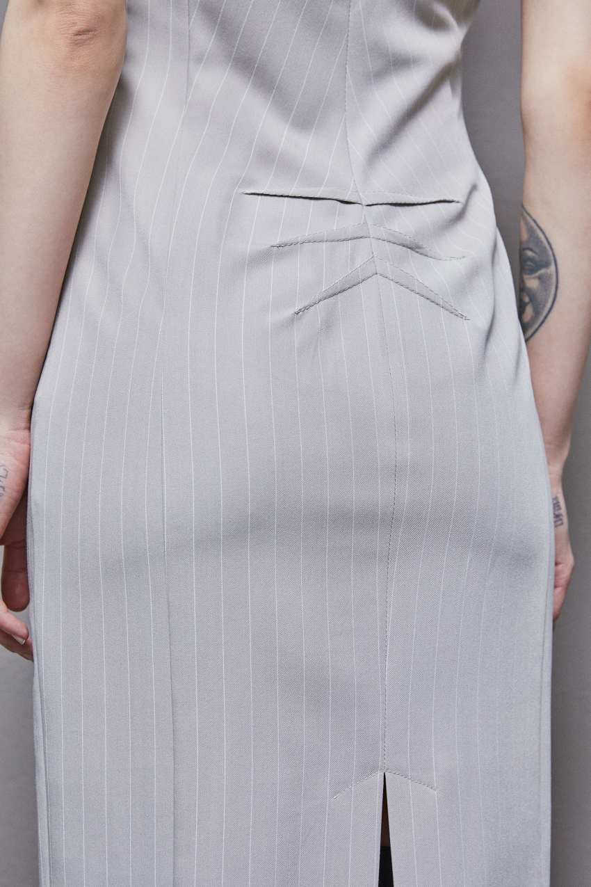 Grey Patrizia Pepe Pinstripe Crew Neck Midi Sheath Dress | ALPXHCQ-29