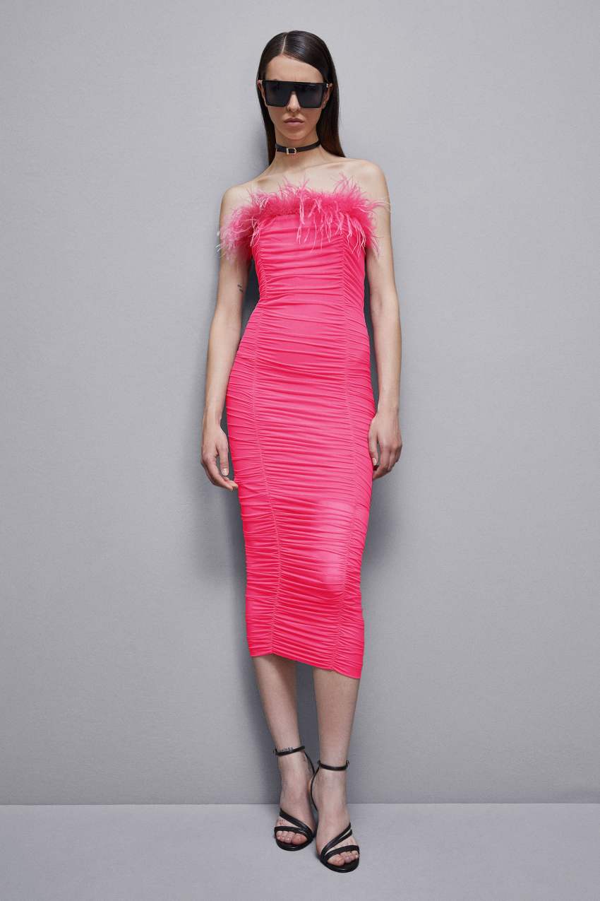 Pink Patrizia Pepe Tulle And Jersey Midi Dress With Feathers | XMRPKSY-76