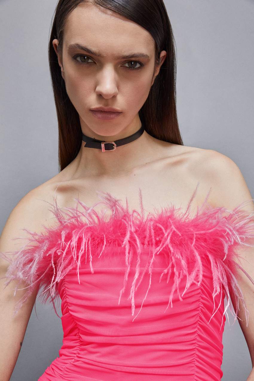 Pink Patrizia Pepe Tulle And Jersey Midi Dress With Feathers | XMRPKSY-76