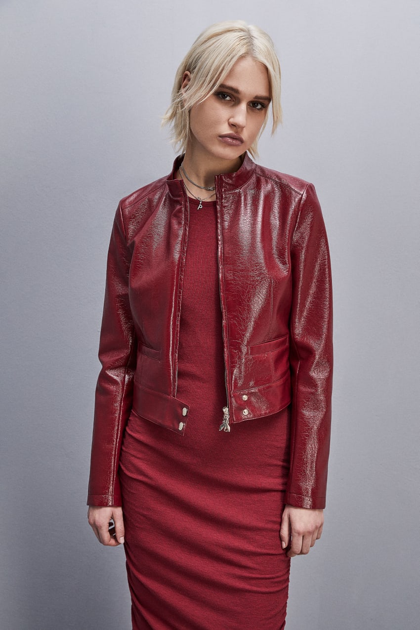 Red Patrizia Pepe Patent Leather Slim Biker Jacket | IGFNZHB-85