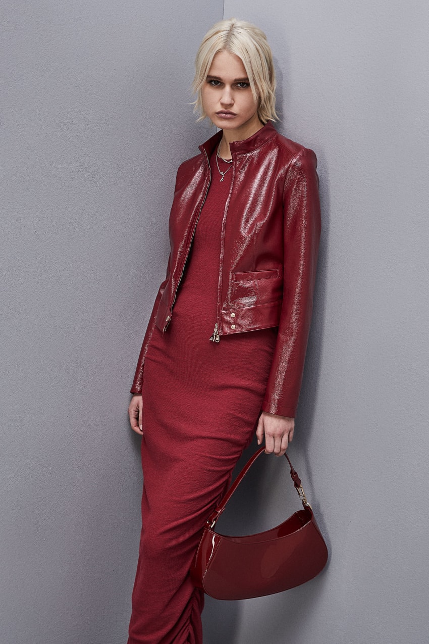 Red Patrizia Pepe Patent Leather Slim Biker Jacket | IGFNZHB-85