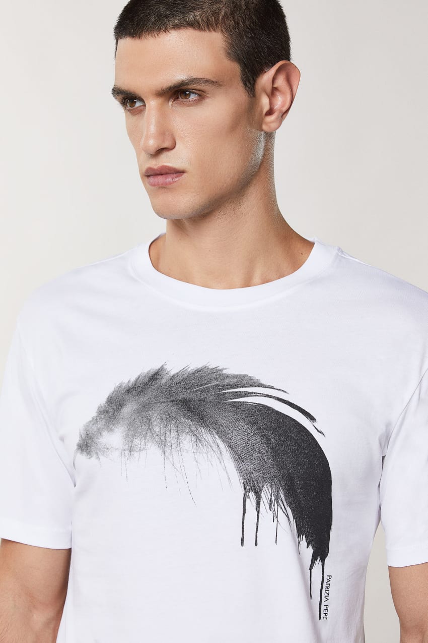 White Patrizia Pepe Cotton T-shirt With Feather Print | XKBGFUL-84