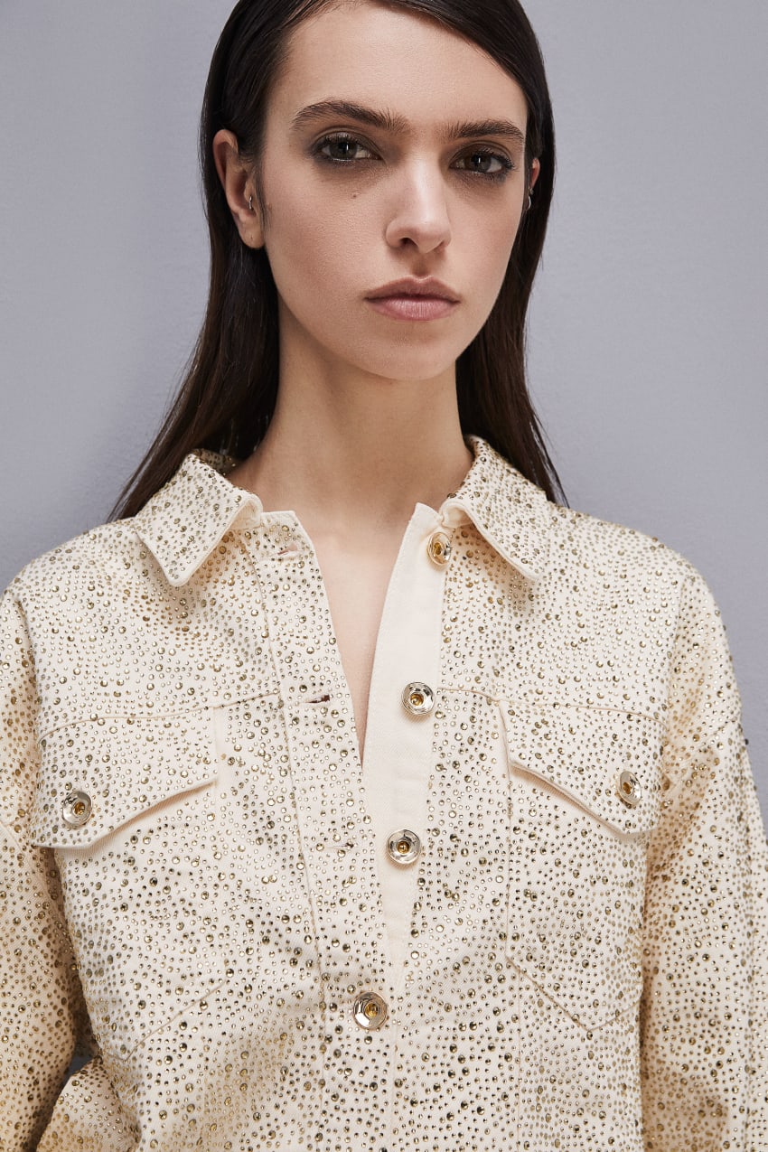 White Patrizia Pepe Denim And Rhinestone Jacket | LJGHQMC-84