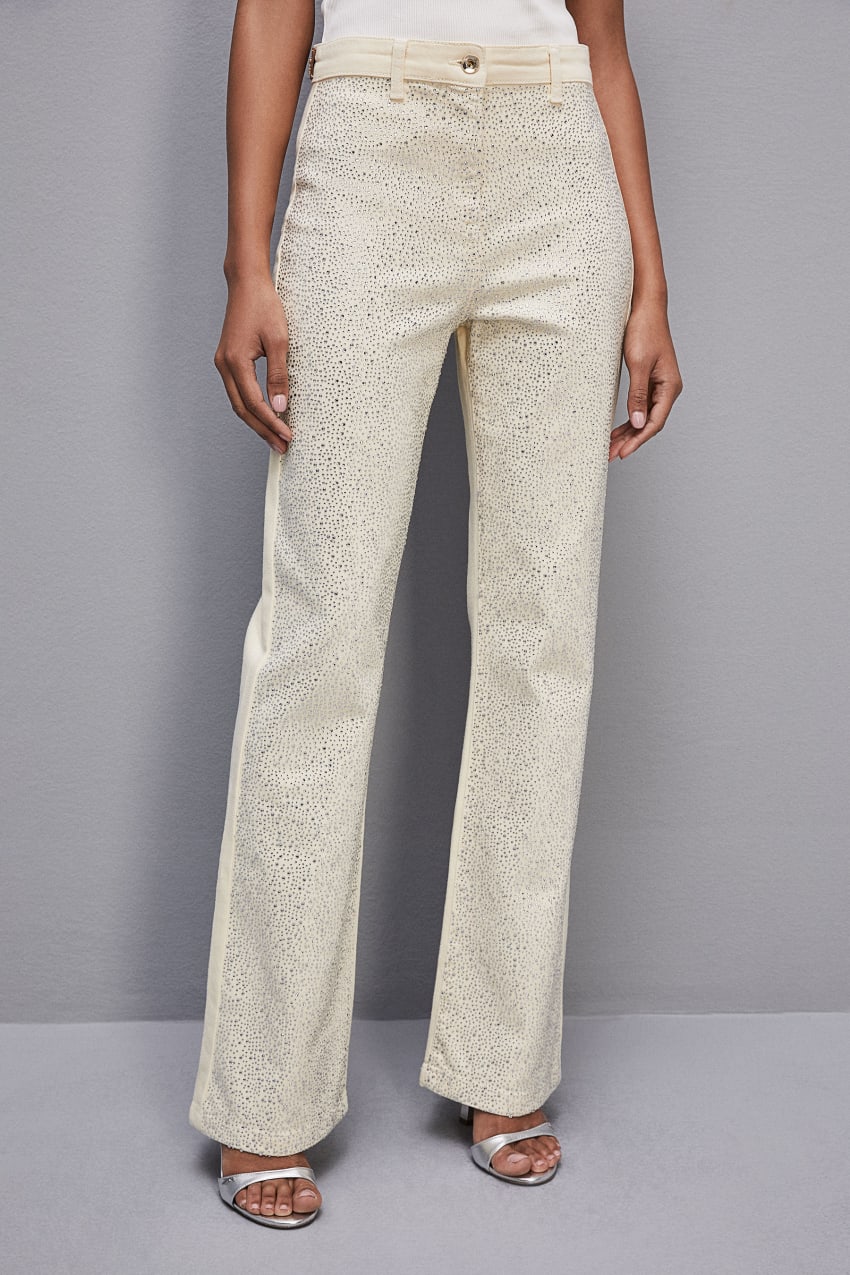 White Patrizia Pepe Denim Bull Pants Decorated With Rhinestones | VSTLXOB-15