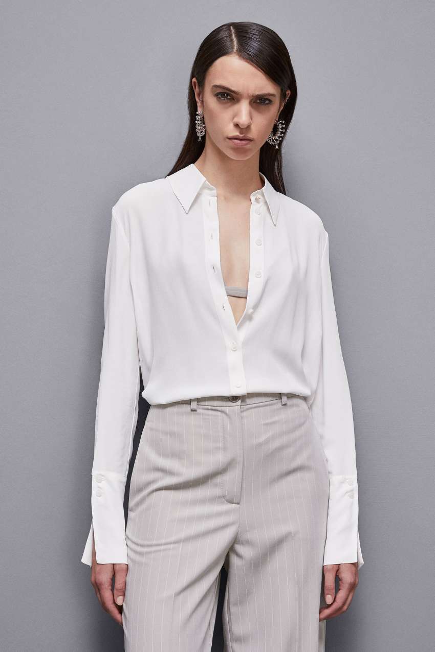 White Patrizia Pepe Essential Crepe Long-sleeved Shirt | HVFQGNU-50