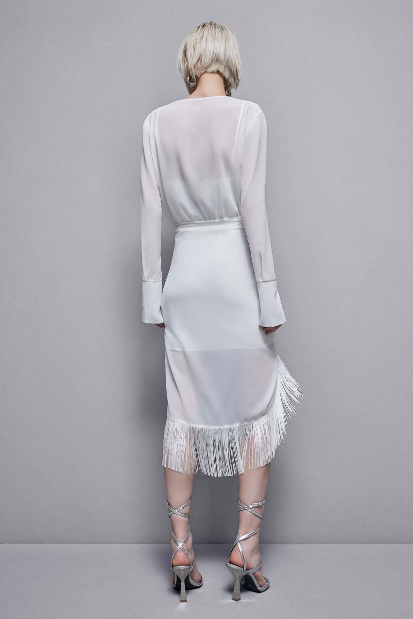 White Patrizia Pepe Satin And Georgette Dress With Fringes | BRAQEMK-25