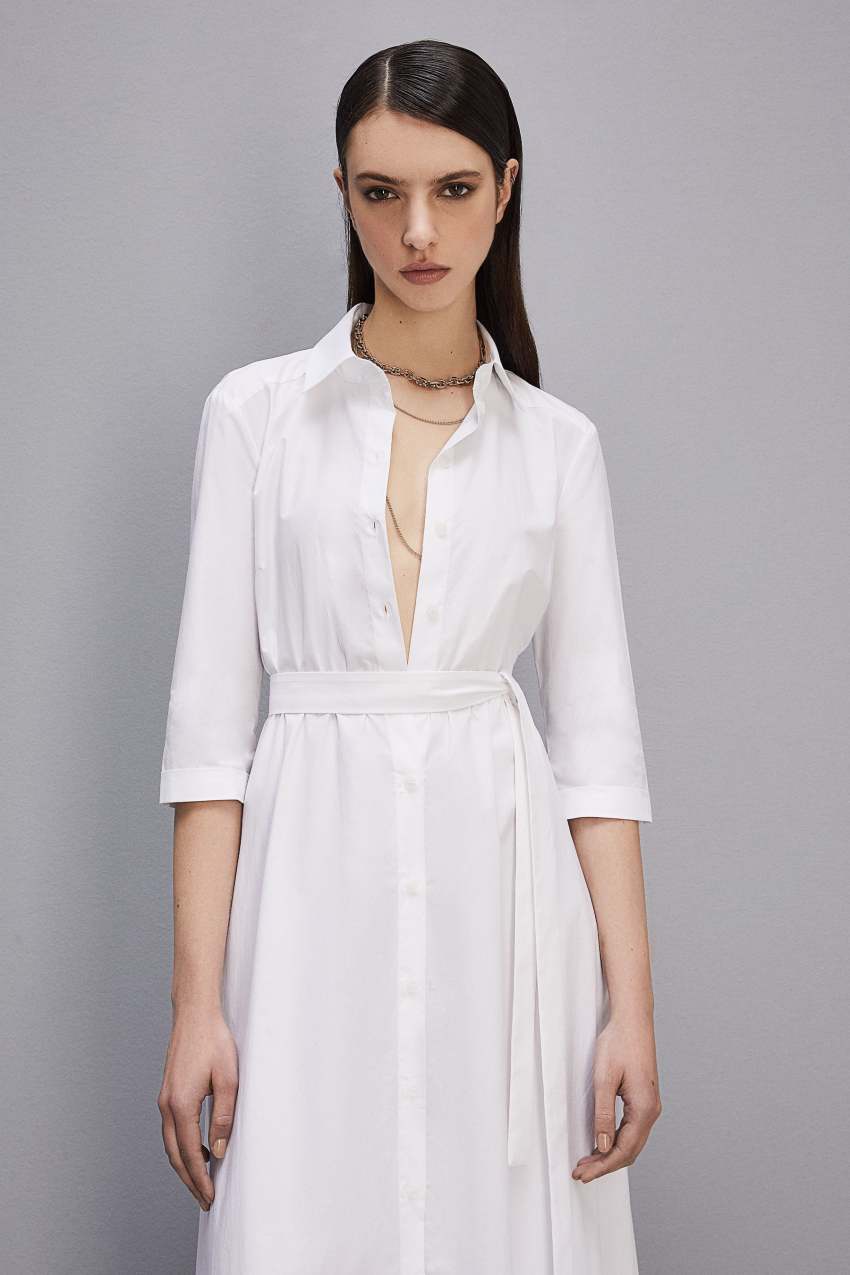 White Patrizia Pepe Three-quarter Sleeve Cotton Chemisier Dress | UJGVMER-85